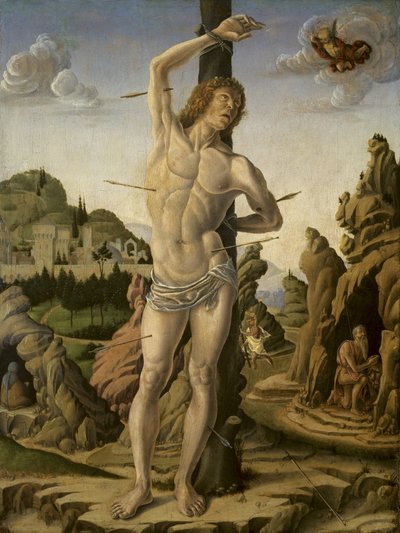 Saint Sébastien dans un paysage rocheux avec Saints Jérôme, Antoine Abbé et Christophe, c.1475-78 - Marco Zoppo
