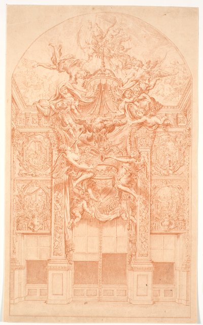 Esquisse de décoration avec des génies portant une couronne et un dais - Marcus Tuscher