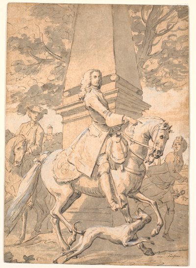 Noble homme suivi de serviteurs passant devant un monument - Marcus Tuscher