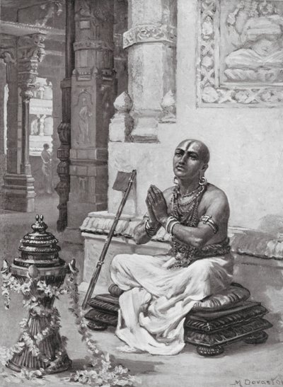 Ramanuja contemplant sa philosophie du Dieu personnel unique, 1100 ap. J.-C. (lithographie) - Margaret (after) Dovaston