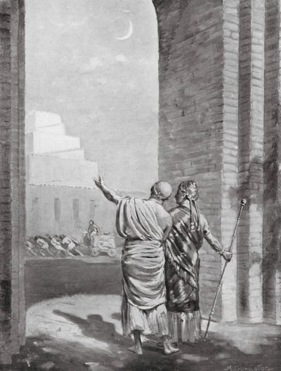 Ur-Engur inspectant le temple du dieu Lune en cours de construction (litho) - Margaret (after) Dovaston