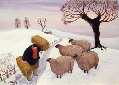 Porter du foin aux moutons en hiver - Margaret Loxton