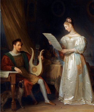 Un homme tenant une lyre et une femme tenant une partition dans un intérieur - Marguerite Gerard