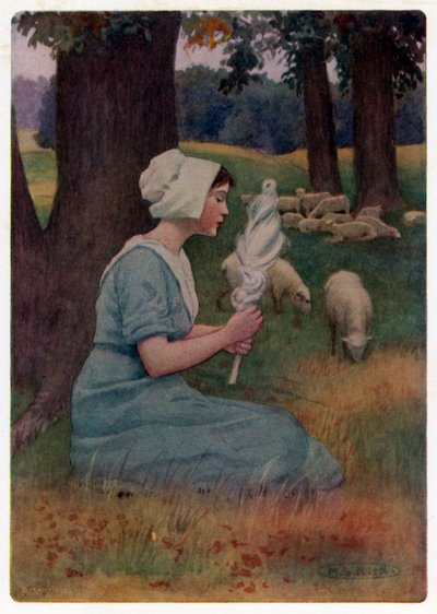 Les Contes de Canterbury de Chaucer : "Gardant ses troupeaux et filant activement en même temps" (lithographie en couleur) - Maria Louise Kirk