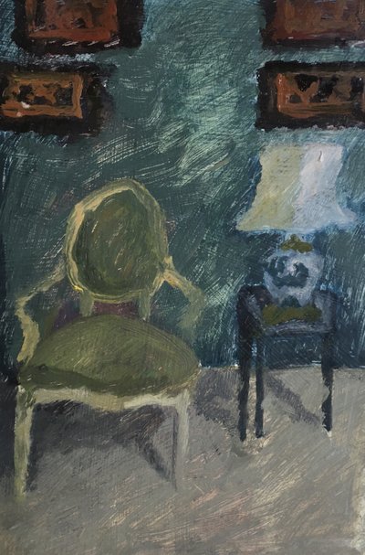Intérieur avec fauteuil et lampe, 2019 (huile sur papier) - Maria Magenta