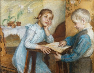 Un intérieur avec un garçon lisant à une fille, 1912 - Maria Wiik