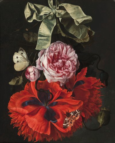 Roses et œillets suspendus à un ruban vert avec un papillon de nuit et un papillon - Maria van (studio of) Oosterwyck