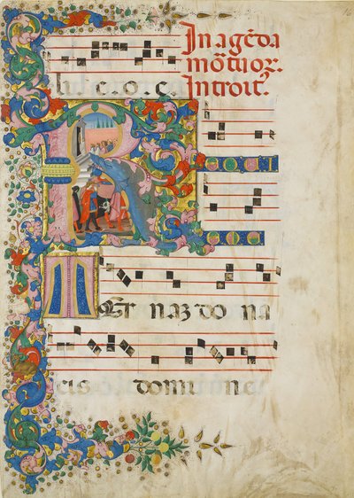 Feuille de manuscrit avec une procession funéraire dans une initiale R, d