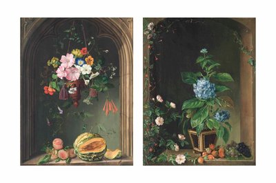 Capucines, liserons, géraniums, pétunias et autres fleurs dans une cruche suspendue sous une arche au-dessus de pêches et d