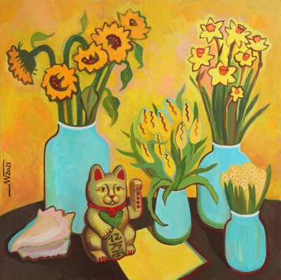 Fleurs joyeuses et chat porte-bonheur - Marina Gorkaeva
