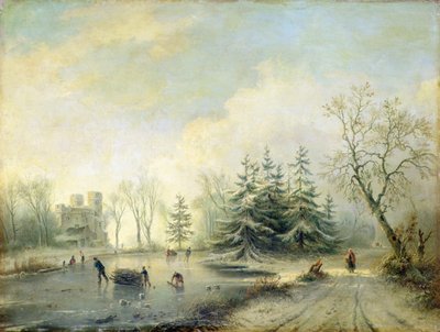 Arbres, château et figures patinant - Marinus Adrianus Koekkoek