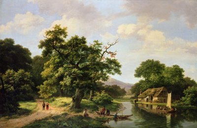 Paysage fluvial boisé avec des paysans déchargeant un ferry - Marinus Adrianus Koekkoek