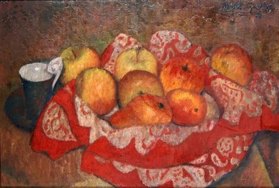 Pommes et poires sur un tissu rouge - Mark Gertler