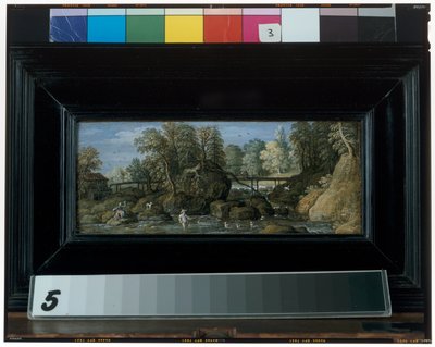 Paysage avec un moulin à eau, un pont traversant une rivière et un pêcheur avec un filet au premier plan - Marten Ryckaert