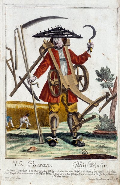 Un paysan. Gravure par Martin Engelbrecht (1684-1756), dans "Nouvelle assemblée des manouvries habillés" 18e siècle, Allemagne. Paris, Arts décoratifs - Martin Engelbrecht