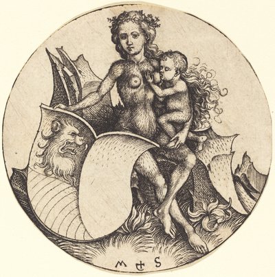 Bouclier avec tête de lion, tenu par une femme sauvage - Martin Schongauer