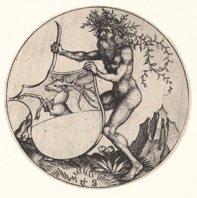 Bouclier avec cerf tenu par un homme sauvage, vers 1435-1491 - Martin Schongauer