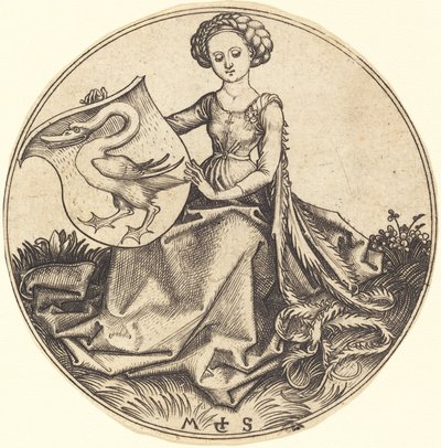Bouclier avec cygne, tenu par une femme - Martin Schongauer