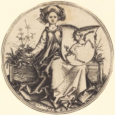 Bouclier avec licorne, tenu par une femme - Martin Schongauer