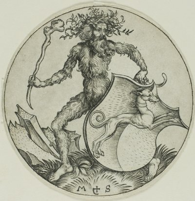 Bouclier avec un lévrier, tenu par un homme sauvage - Martin Schongauer