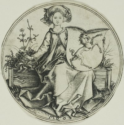 Bouclier avec une licorne, tenu par une dame - Martin Schongauer