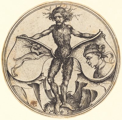 Boucliers avec lapin et tête de Maure, tenus par un homme sauvage - Martin Schongauer