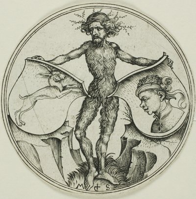 Deux boucliers avec une tête de lièvre et une tête de maure, tenus par un homme sauvage - Martin Schongauer