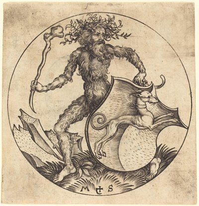 Homme sauvage tenant un bouclier avec un lévrier - Martin Schongauer