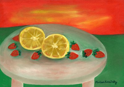 Fruits sur la petite table de jardin au soleil du matin - Martina Konitzky
