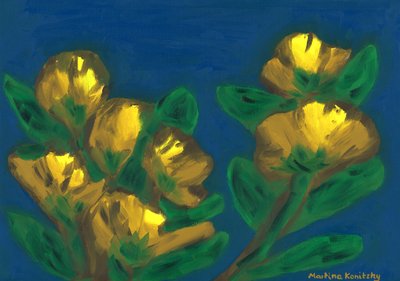 Roses jaunes ciel du soir composition marron jaune bleu - Martina Konitzky