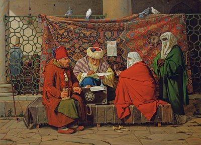 Un notaire turc rédigeant un contrat de mariage devant la mosquée Kilic Ali Pasha, Tophane, Constantinople - Martinus Rorbye
