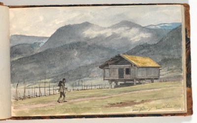 Paysage de montagne avec cabane et randonneur - Martinus Rørbye
