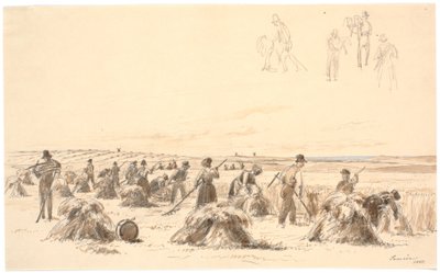Travailleurs des champs. En arrière-plan, moulins et mer - Martinus Rørbye