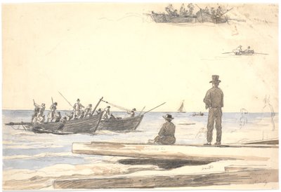Deux bateaux de pêche naviguant vers la plage de Skagen - Martinus Rørbye
