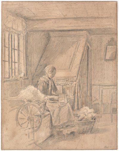 Maison paysanne avec une fille cardant de la laine - Martinus Rørbye