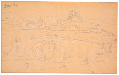 Paysage italien avec un pont sur une rivière et la ville de Subiaco en arrière-plan - Martinus Rørbye