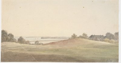 Paysage avec eau en arrière-plan et maison à droite - Martinus Rørbye