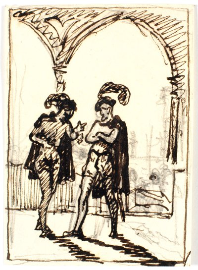 Scène médiévale avec deux hommes en cape et bérets à plumes - Martinus Rørbye