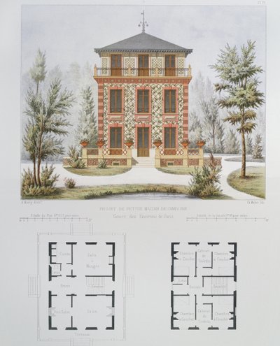 Projet pour une petite maison de campagne près de Paris, gravé par Walter, planche 18 de Architecture Pittoresque et Moderne - Marty