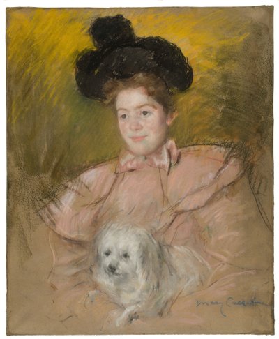 Femme en costume framboise tenant un chien, vers 1901 - Mary Cassatt