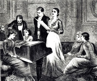 Gravure représentant une soirée musicale. Illustrée par Mary Ellen Edwards (1838-1934) une artiste et illustratrice anglaise de livres pour enfants - Mary Ellen Edwards