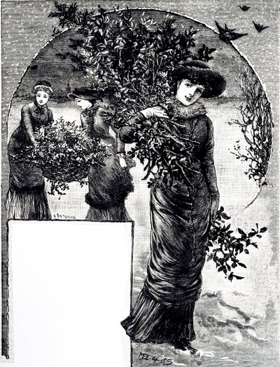Gravure représentant la collecte de houx et de verdure pour la décoration de Noël. Illustrée par Mary Ellen Edwards (1838-1934) une artiste et illustratrice anglaise de livres pour enfants - Mary Ellen Edwards