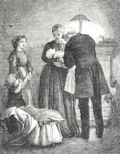 Gravure représentant un médecin examinant un bébé atteint de la rougeole - Mary Ellen Edwards