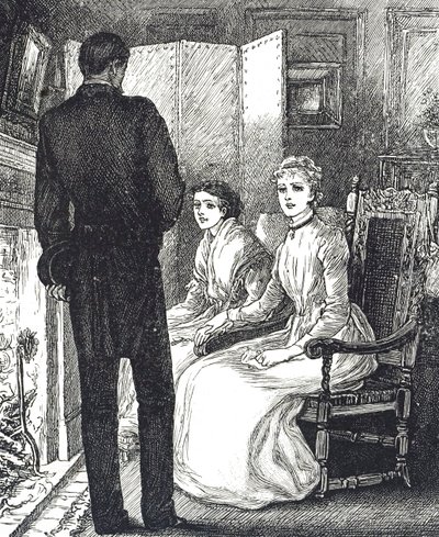 Gravure représentant deux femmes se réchauffant près de la cheminée - Mary Ellen Edwards
