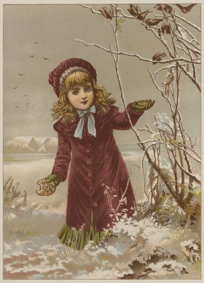 Fille apportant du pain pour nourrir les oiseaux dans la neige - Mary Ellen Edwards
