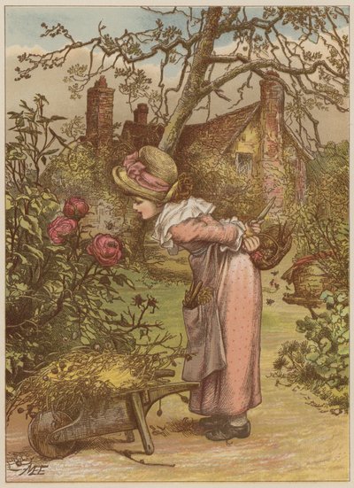Fille regardant une abeille dans le jardin - Mary Ellen Edwards