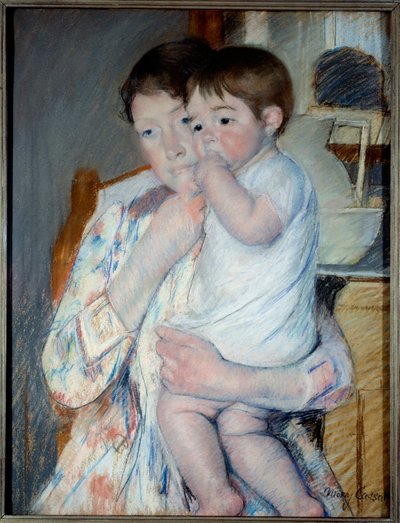 Femme et enfant devant une tablette où sont posés une confiture et un bol - Mary Stevenson Cassatt