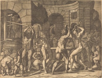 Vulcain et les Cyclopes forgeant des flèches - Master FG, after Francesco Primaticcio