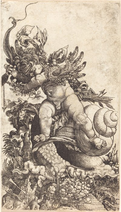 Cupidon chevauchant un escargot sur une végétation fongique - Master H.L.