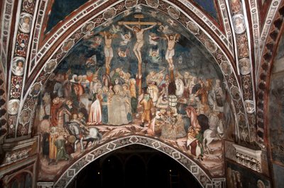 La Crucifixion. Fresque du Maître du Sacro Speco. 14e siècle. Église supérieure. Monastère de Saint Benoît (Sacro Speco), Subiaco (Rome), Italie - Master Trecentesco of Sacro Speco School